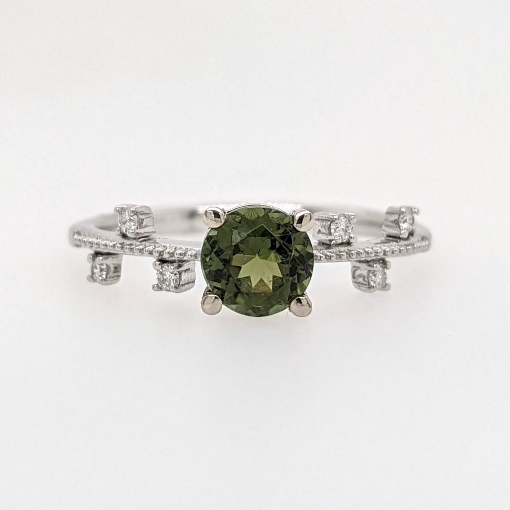 Round Green Tourmaline Ring In 14k White Gold In Natural Diamond Accents